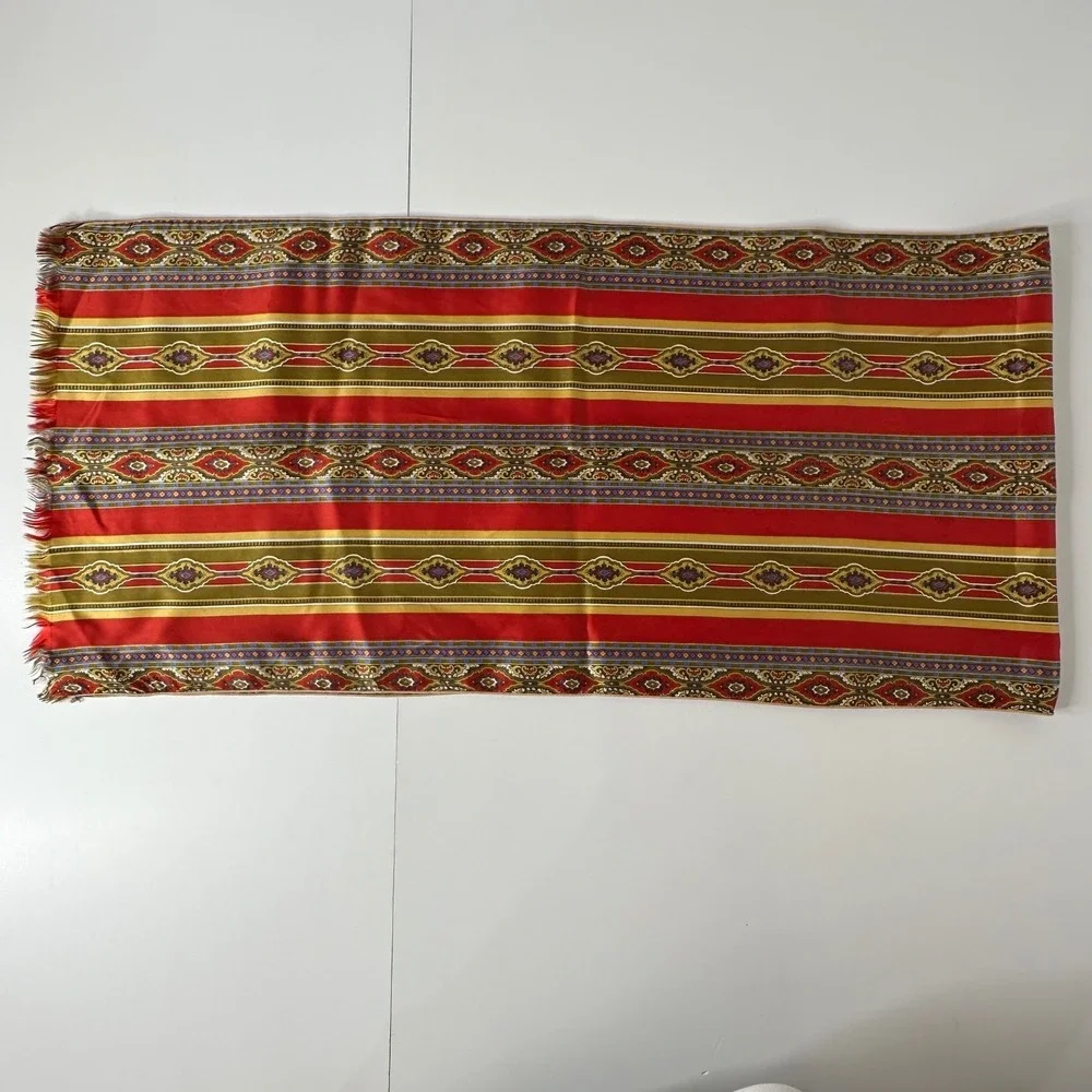 Red‎ Gold Fringed Rectangular Scarf Medallion Striped Silky Wrap 14x60